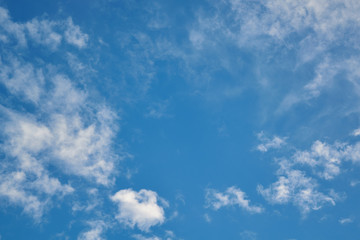 Small Cumulus and Cirrus clouds diverge from the center in different directions. In the middle is the empty space of a clear blue sky. Background, backdrop. Meteorology, weather forecast.