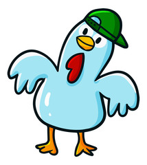 Cute and funny white chicken dancing wearing hat - vector.