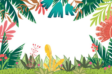 Vector background with frame of bright stylized floral elements. Horizontal card undestructed under clipping mask.