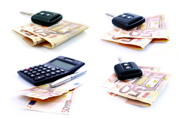 Car key and a calculator isolated over the fifty euro banknotes