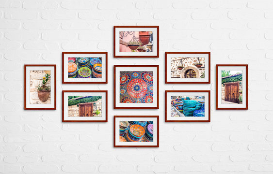 Photo frames collage with street design photography, colorful pictures of old city. Nine brown frameworks on white bricks wall