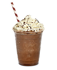 Frappuccino in takeaway cup with straw isolated on white background