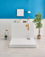 White and blue bath room decoration, modern interior concept, ceramic step lamp and bath ornaments.
