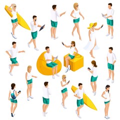 A set of people's isometrics for vector illustrations, characters in different poses, 3D teenagers, modern girls and guys in light summer clothes in different poses