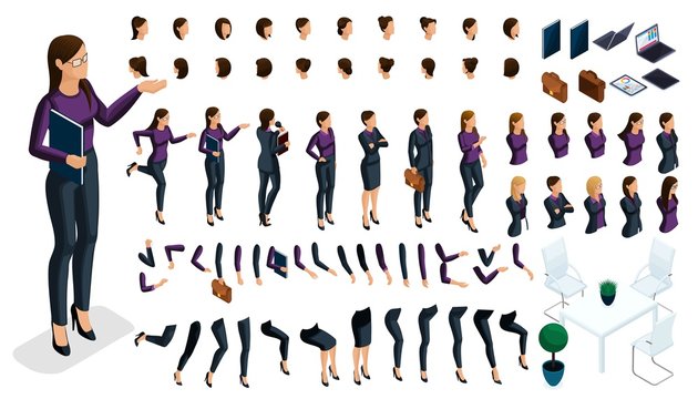 Large isometric Set of gestures of hands and feet of a woman 3d business lady. Create your own isometric character in stylish clothes, an office worker for vector