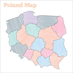 Fototapeta premium Poland hand-drawn map. Colourful sketchy country outline. Adorable Poland map with provinces. Vector illustration.