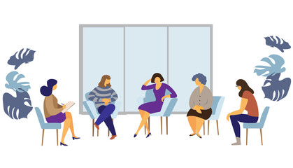 Female characters sitting on chairs in circle