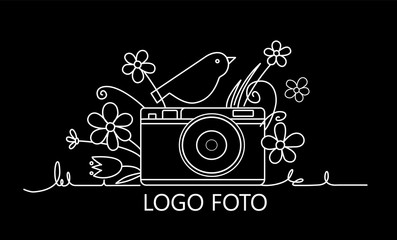 Photo camera with a bird on the camera and flowers around . Photography and photo studio line logo colorful sketch. Vector design element, logo, label, badge for business. Vector illustration