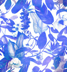 Seamless watercolor pattern with tropical flowers, magnolia, orange flower, vanilla orchid, tropical leaves, banana leaves