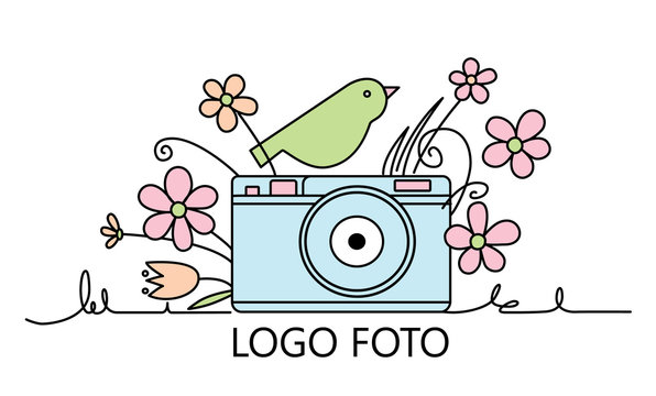 Photo camera with a bird on the camera and flowers around . Photography and photo studio line logo colorful sketch. Vector design element, logo, label, badge for business. Vector illustration