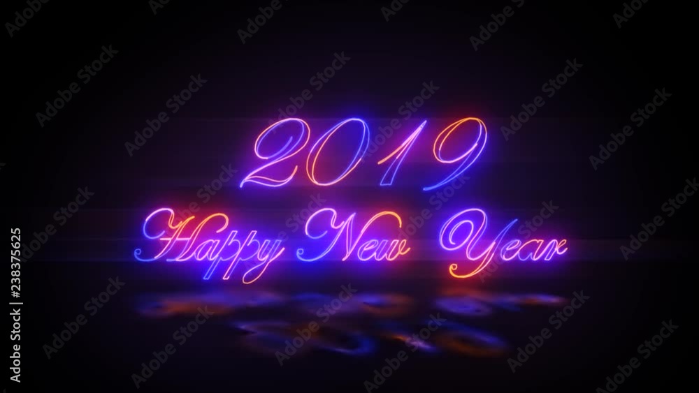 Poster neon text happy new year text with fireworks use as background video new year eve