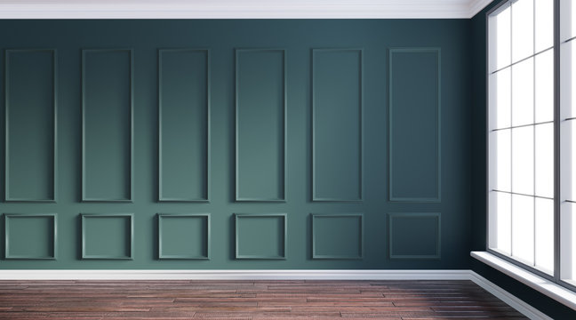 3d rendering illustration of living room with luxury green plaster wall, molding and hardwood floor. Classic interior on sunny morning. Interior corner with french window.