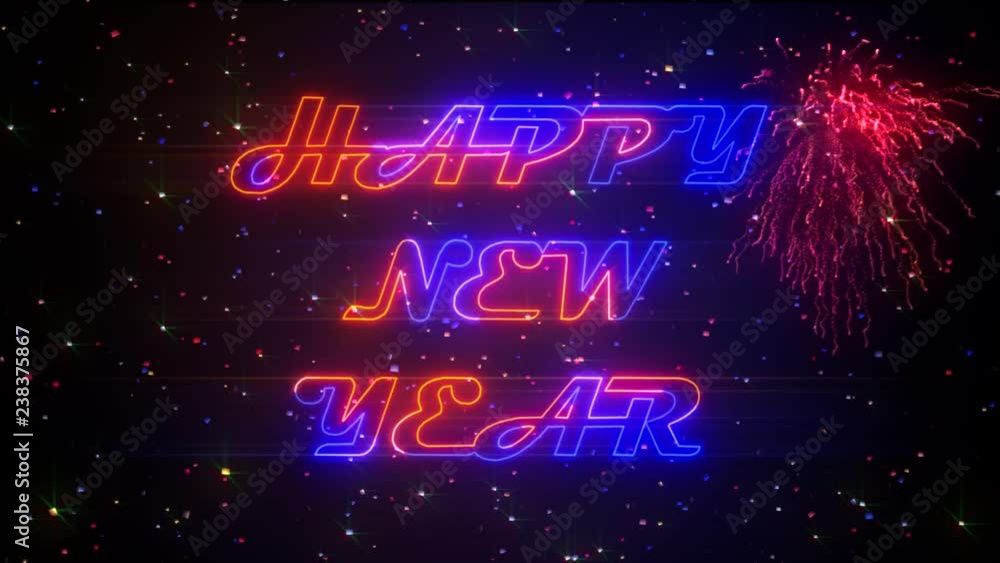 Poster neon text happy new year text with fireworks use as background video new year eve