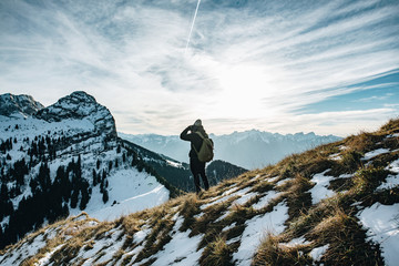 Hiker with Lake Geneva in the background
