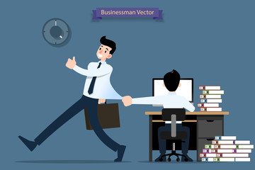 Businessmen is going back home after work by walk but the other one who not finish  pull and hold the first one shirt.