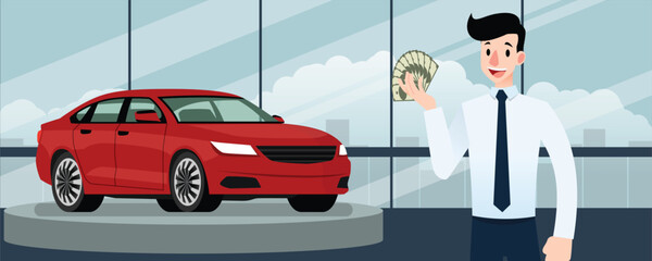 Happy businessman, seller stand and holding money in front of luxury car that parking in large showroom in the city.