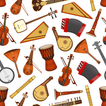 Musical instruments of folk music seamless pattern