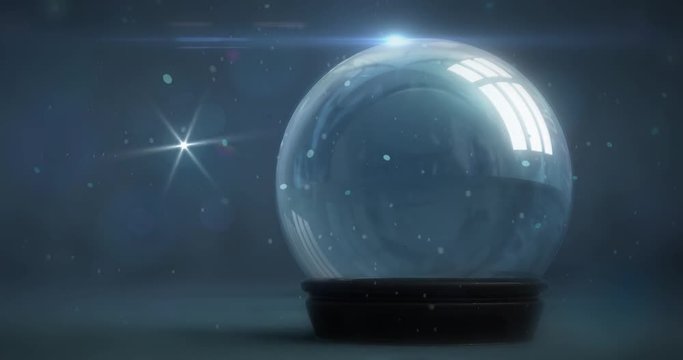 empty snowball decoration on dark background at snowfall and star flicker, glass ball winter seasonal christmas decoration 4k footage animation 