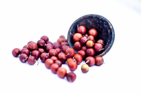 Close up of red colored popular Indian and Asian berries or bors or bers isolate d on white i.e.  Chaniya bor or chani bor or Indian jujubes in a clay bowl.