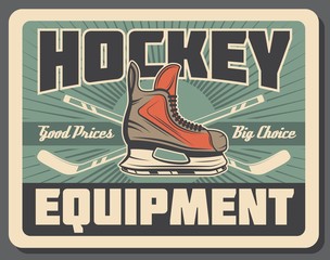 Ice hockey stick, puck and skate. Sport equipments