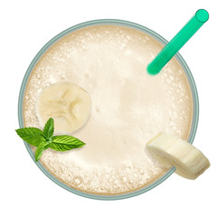 Banana milkshake with straw and slices in glass from top view isolated on white background including clipping path