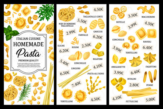 Italian pasta food menu, spaghetti and macaroni