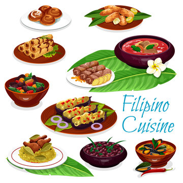 Filipino dishes with meat, seafood, fruit pastry