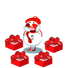 3d rendering of snowman with present isolated over white background