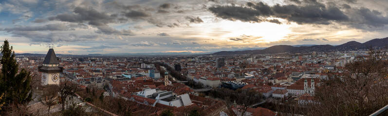 panorama of the clocktower on the schlossberg hill in graz,styria,austria
