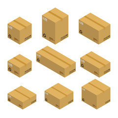 Set of isometric cardboard boxes, parcels isolated on white background. Vector illustration flat design.