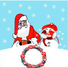 Christmas Day holidays greeting card. Santa Claus and snowman gift boxes . Xmas and New Year festive design.