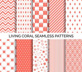 Living coral color seamless vector patterns. Set of abstract backgrounds