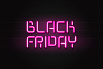 Realistic banner pink glowing neon text sign of Black Friday sale on brick wall in the dark theme concept of sale, clearance and discount period.