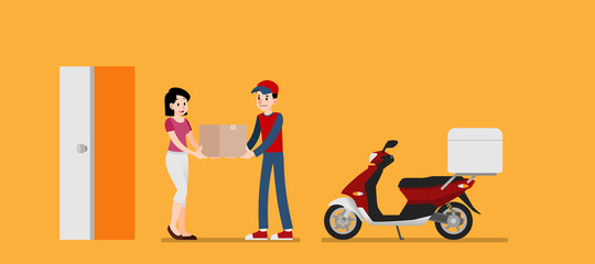 Smiling courier man giving a cardboard box to client. Happy woman receive a product from sender. Goods delivery service vector illustration design.
