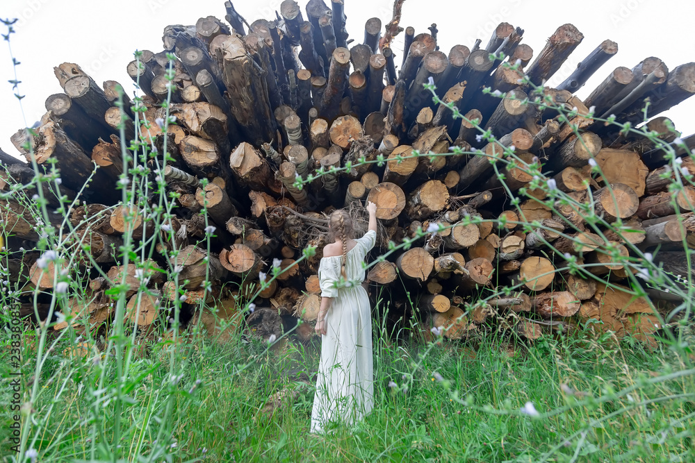 Wall mural A girl stands in front of felled trees looking at them with regret. Take care and save nature. Background of cut down trees, logs in the forest