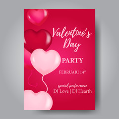 valentine day party poster template with 3d pink hearth balloon, vector illustrator