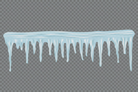 Ice cap and icicles on transparent background. Winter season. Christmas and New Year time. Vector illustration. Design element.