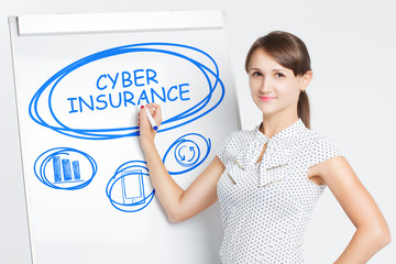 Business, Technology, Internet and network concept. A young entrepreneur writes on the blackboard the word: Cyber insurance