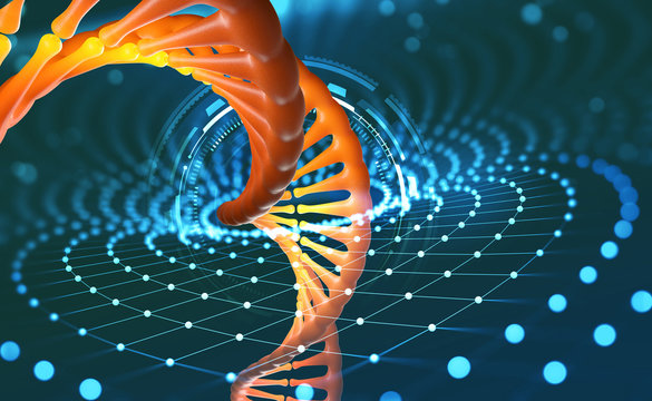 DNA Helix. Innovative Technologies In Research Of The Human Genome. Artificial Intelligence In The Medicine Of The Future. 3D Illustration Of A DNA Molecule With A Nanotech Network