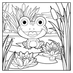 Cute frog sits on leaf of lily color linear drawing on a white background