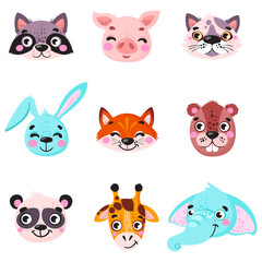 Set of vector animals in cartoon style. Cute smiley pig, panda, beaver, walrus, penguin, elephant, giraffe, llama. Cute animal faces. Hand drawn characters. Vector illustration.