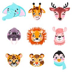 Set of vector animals in cartoon style. Cute smiley giraffe, deer, walrus, lion, jaguar, penguin, elephant, giraffe, llama. Cute animal faces. Hand drawn characters. Vector illustration.