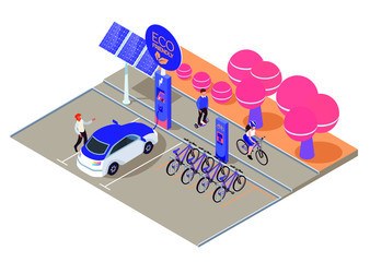 Urban eco transport isometric design concept with some available bicycles for rent at station and cashier machine for payment vector illustration. Eco car charging station, solar panels in park