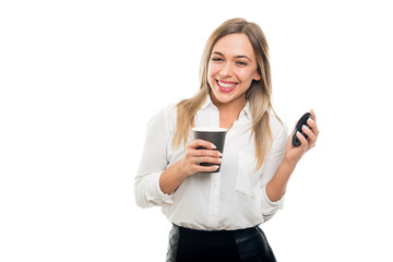 Beautiful business woman holding takeaway coffee cup and smiling