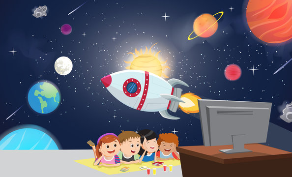 children watch tv with a background in space