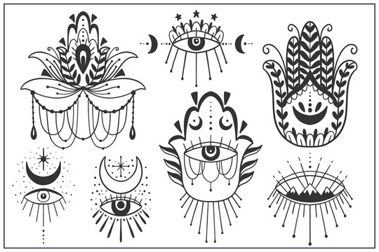 Evil Seeing eye symbol set. Occult mystic hamsa emblem, graphic design tattoo. Esoteric sign alchemy, decorative style, providence sight.