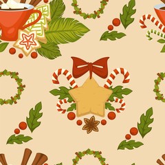 Merry Christmas symbolic food and plant seamless pattern vector