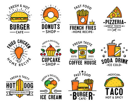 Fast food menu delivery and takeaway signs icons