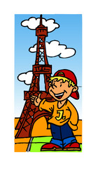 boy with a cap is a tourist and stands by the Eiffel Tower