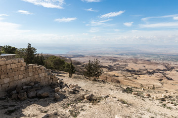 View  from Mount Nebo on the Jordanian landscape and Dead Sea near the city of Madaba in Jordan